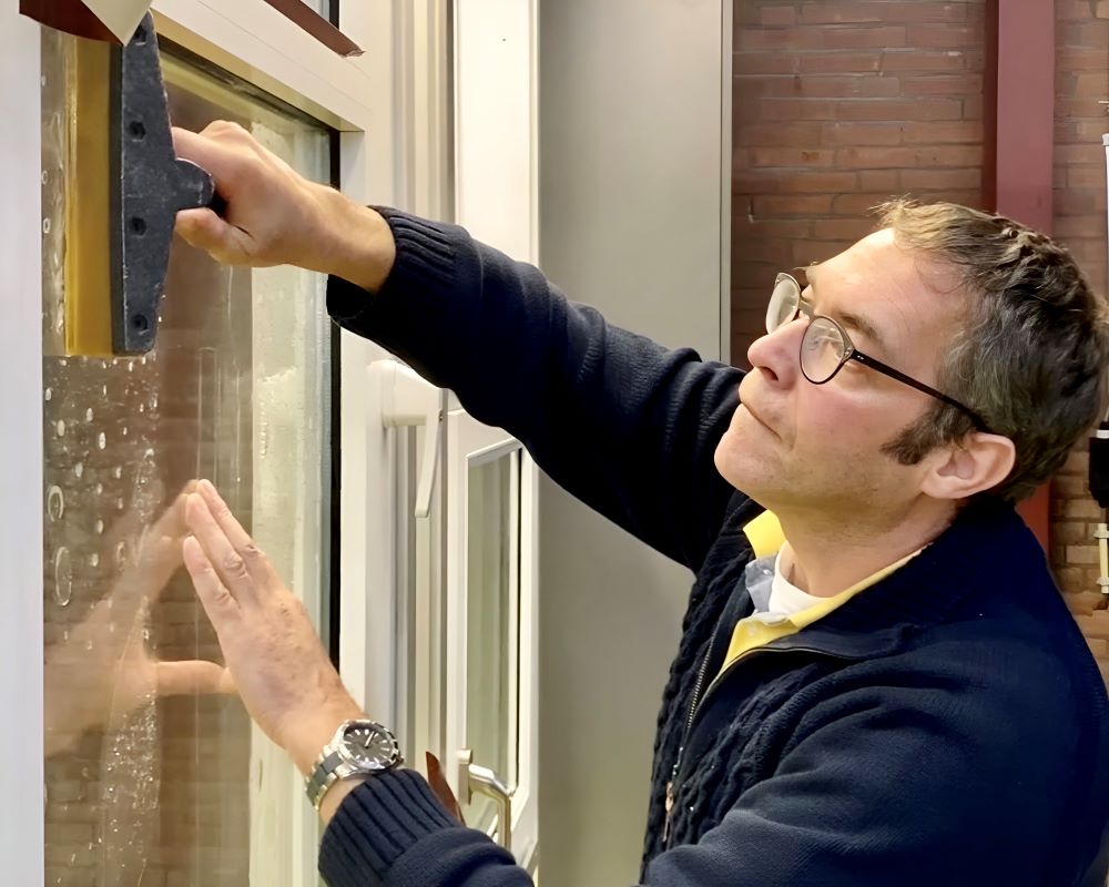 Trainer drukt raamfolie aan met een rakel op glaswerk als demo tijdens Appcademy Architectural Windowfilm training