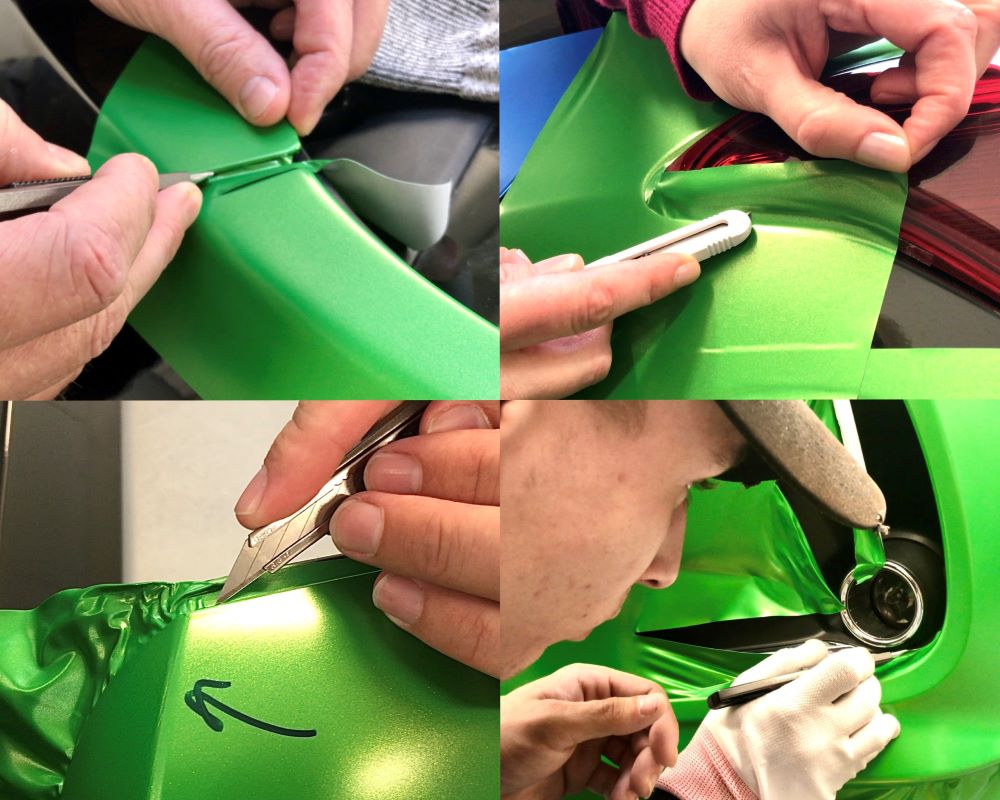 Diverse handelingen afwerking van carwrap tijdens Appcademy wrapping opleiding cursus