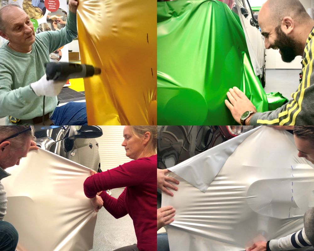 Cursisten wrappen bumpers van auto als praktijkoefeningen tijdens Appcademy carwrap cursus