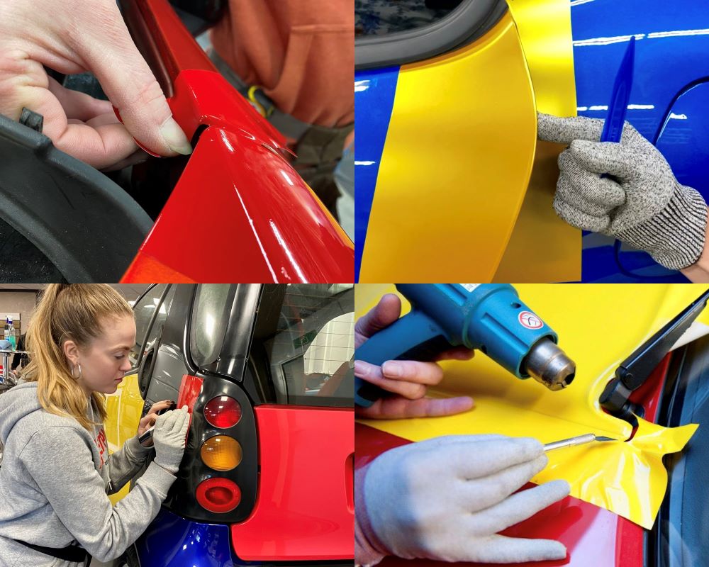 Diverse praktijkoefeningen voor mooie afwerking carwrap tijdens Appcademy wrap training