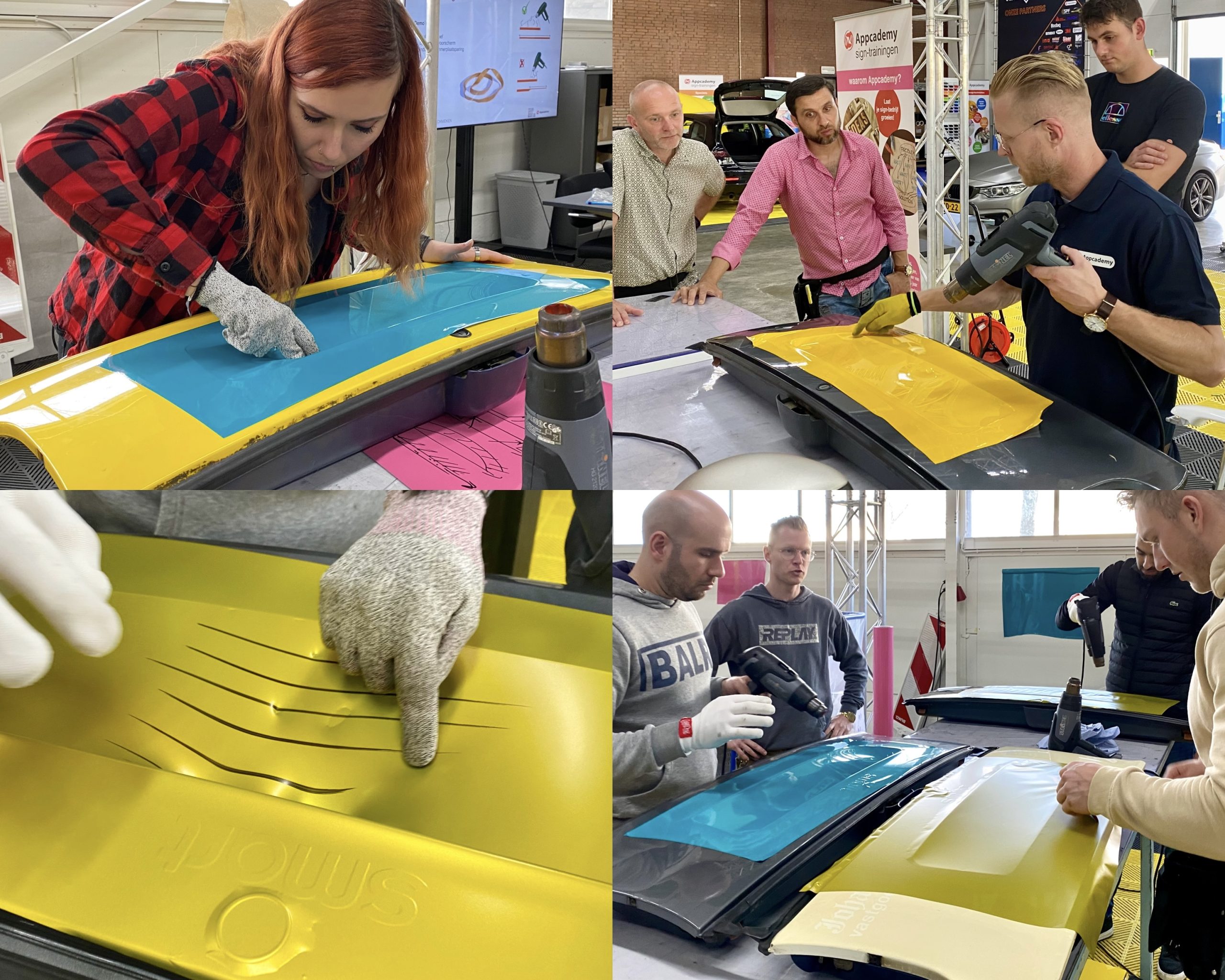 Cursisten oefenen nummerplaatuitsparingen tijdens Carwrap cursus opleiding Appcademy