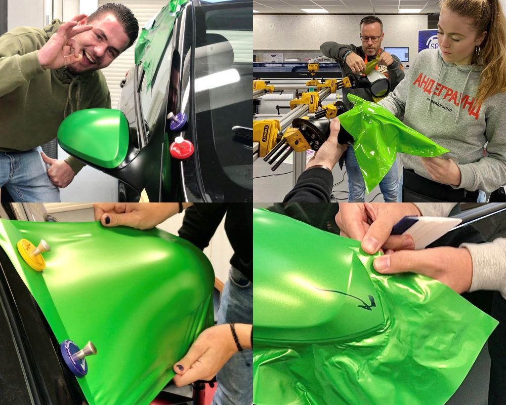 Cursisten doen praktijkoefeningen spiegel wrappen tijdens wrapcursus in Appcademy opleiding trainingscentrum