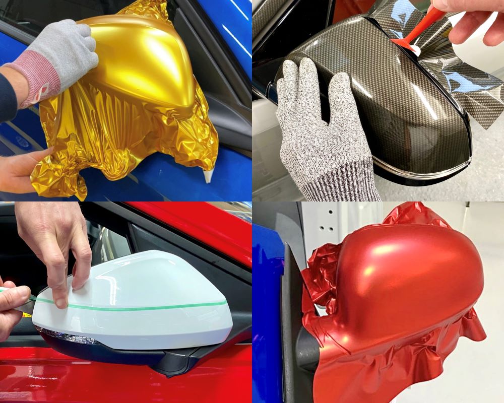 Overzichtsfoto van diverse gecarwrapte buitenspiegels tijdens Appcademy carwrap Masterclass training