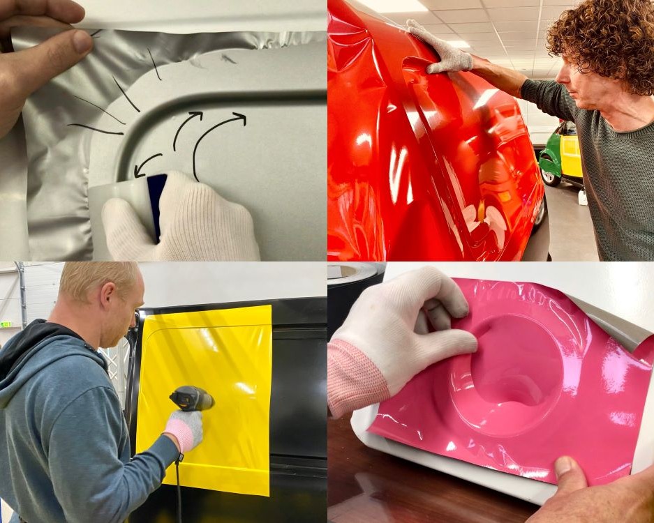 Overzichtsfoto van meerdere handelingen bij diverse folie en print vervorm technieken tijdens de Appcademy signmaker advanced training