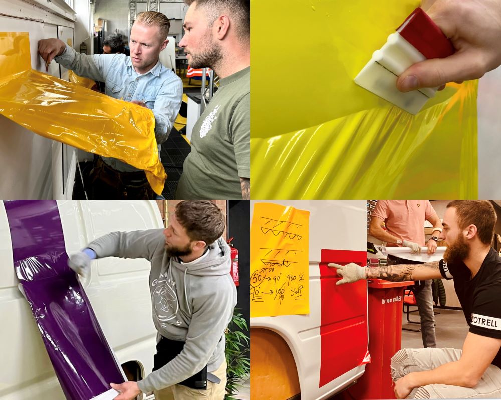 Trainer legt aan cursist uit hoe je zelfklevende folie op de goede manier aanstrijkt met goed gereedschap tijdens de Appcademy signmaker advanced training