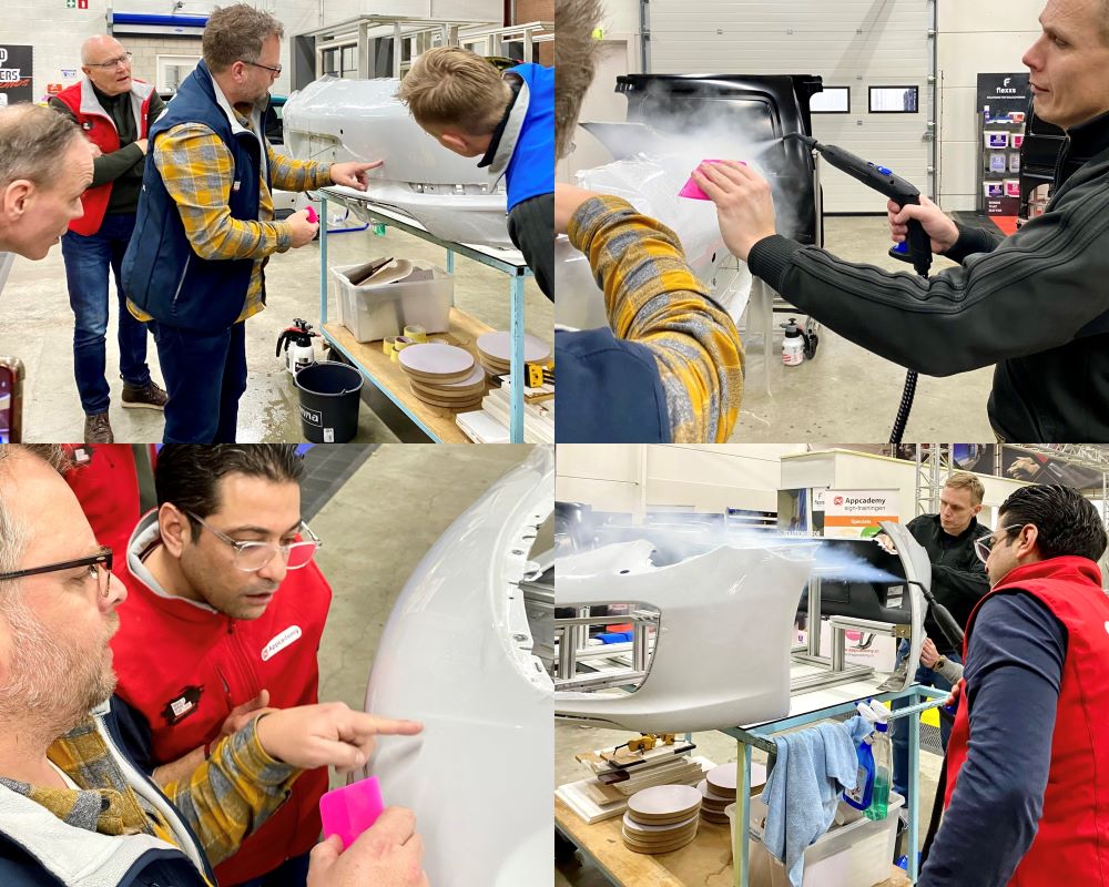 Trainer en cursisten plakken PPF op bumper van Porsche tijdens Appcademy Paint Protection Film training