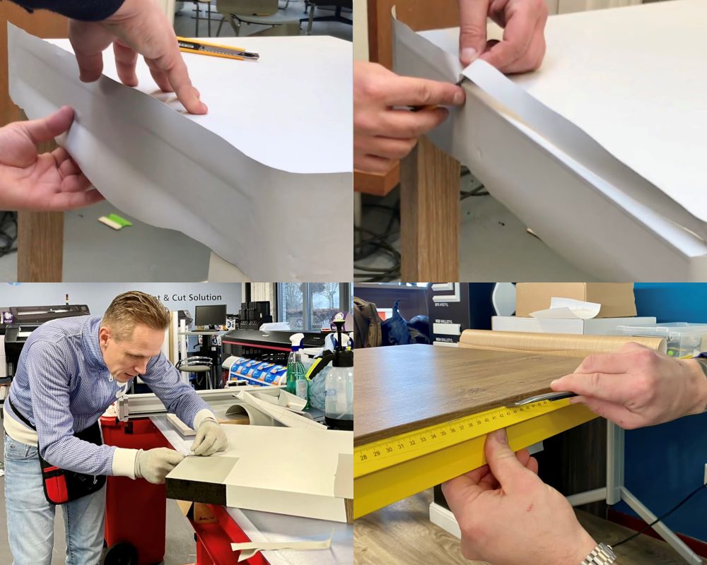 Cursist wrapt de zijkant van een tafel als praktijkoefening tijdens de Appcademy training interieurfolie plakken en keukens wrappen