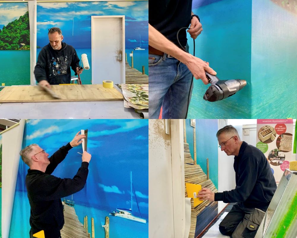 Cursisten oefenen verschillende montage aspecten met naadloos fotobehang tijdens Appcademy Naadloos fotobehang cursus