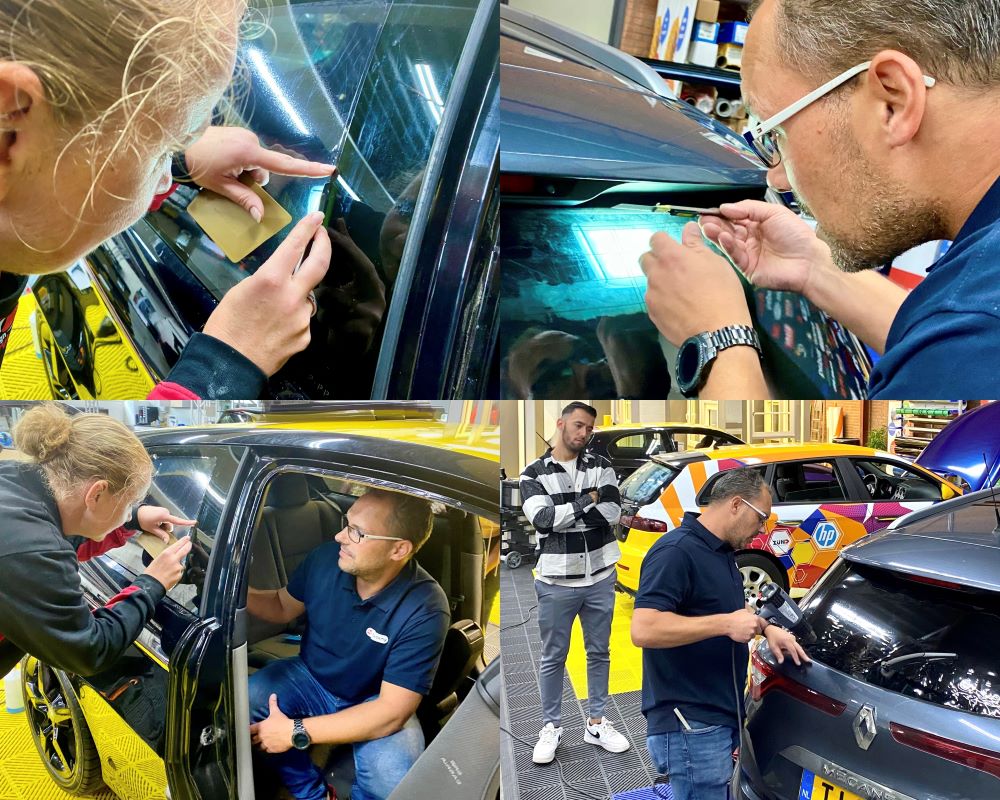 Collage van foto`s over professioneel plakken van raamfolie tijdens Appcademy Automotive Windowfilm cursus