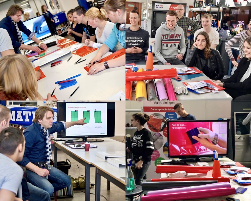 Trainer gastdocent geeft beroepsinformatie over het vak signmaker aan studenten tijdens Appcademy workshop en gastcollege op ROC / MBO signopleiding