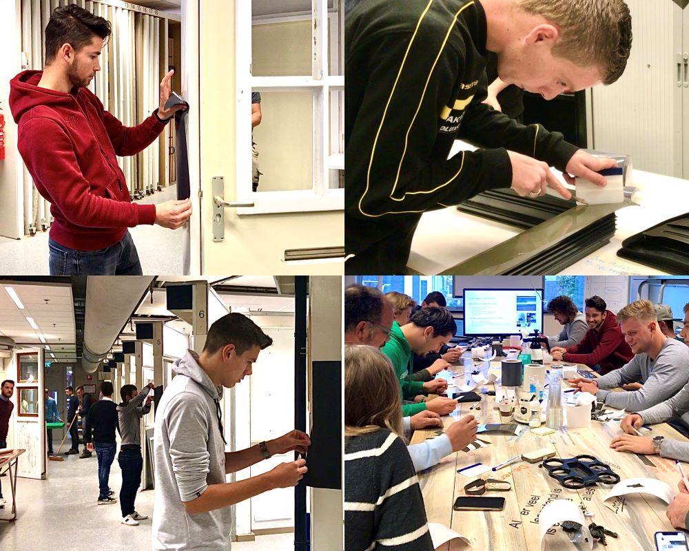 Studenten beplakken kozijnen tijdens Appcademy workshop en gastcollege op ROC / MBO opleiding schilderen