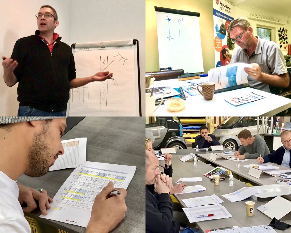 Cursisten leren een efficiënt snijplan voor raamfolie te maken bij de Appcademy Architectural Windowfilm opleiding en training