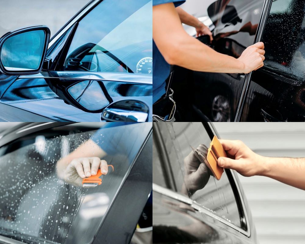 Collage van foto`s i.v.m. montage van raamfolie tijdens Appcademy Automotive Windowfilm training