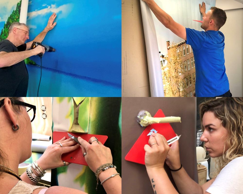 Cursisten oefenen verschillende montage aspecten met naadloos fotobehang tijdens Appcademy Naadloos fotobehang workshop